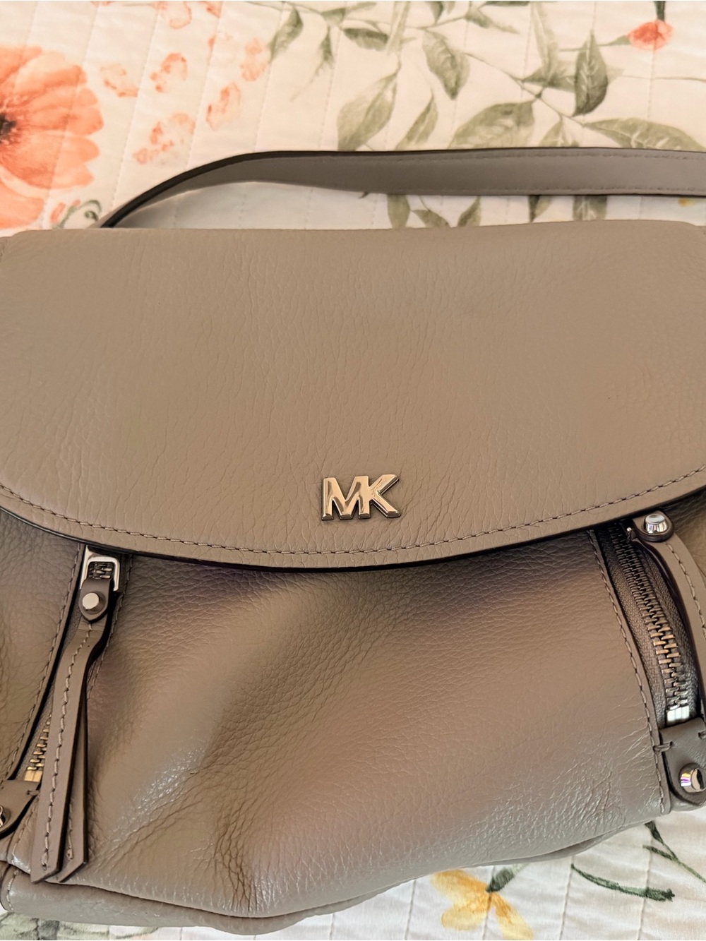 Michael Kors Taupe Pebbled Leather Shoulder Bag with MK Logo